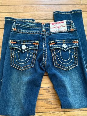 True Religion Women's Dark Blue Boot Cut Jeans with Orange Topstitching